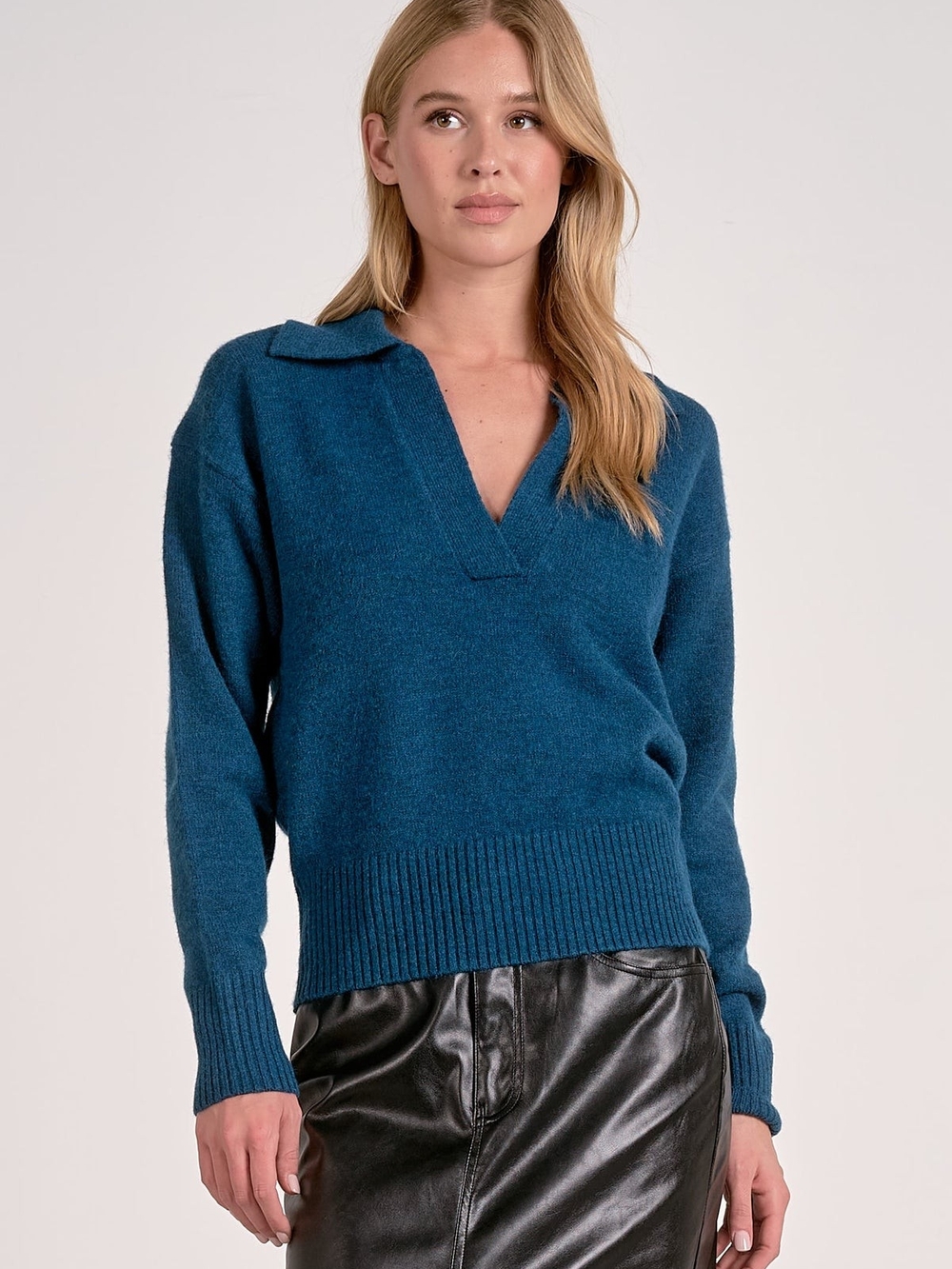Elan Deep Teal Collared V-Neck Sweater - Picture 1 of 7